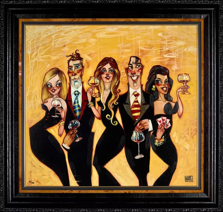 A Todd White framed limited edition of a group of men and women all in black and holding wine glasses, the title is Heights of Your Halos