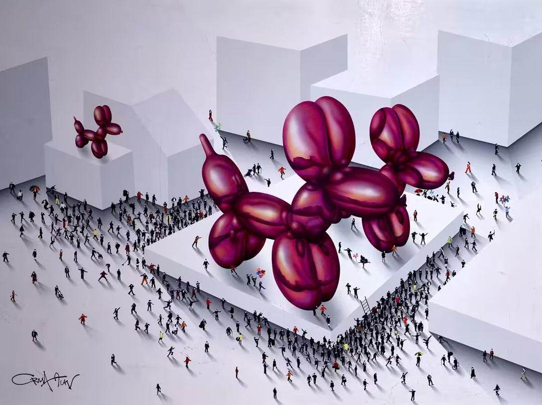 A Craig Alan original of three large balloon animals surrounded by little people, the title is Helium Hounds