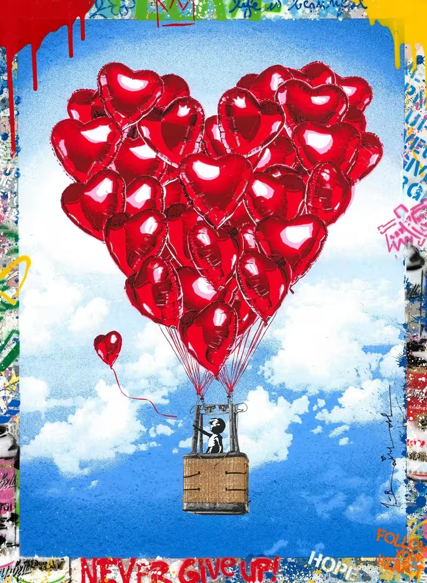 A Mr Brainwash original of a hot air balloon made up of individual red heart balloons and a little girl in the basket letting go of a smaller heart balloon, the title is High on Love