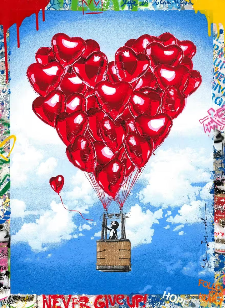 A Mr Brainwash original of a hot air balloon made up of individual red heart balloons and a little girl in the basket letting go of a smaller heart balloon, the title is High on Love