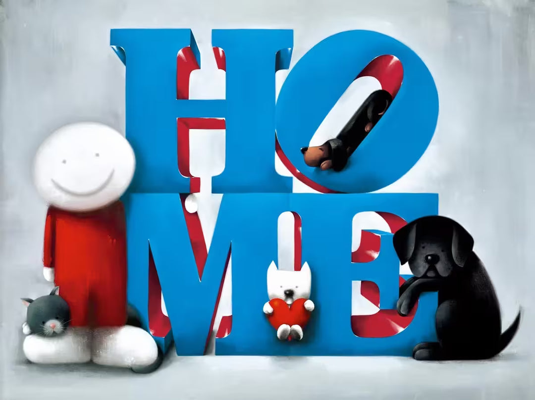 A Doug Hyde limited edition of a the word 'Home' in blue, there are three dogs scattered through the letters, to the left is a person in red and a cat resting on their foot, the title is Home Sweet Home