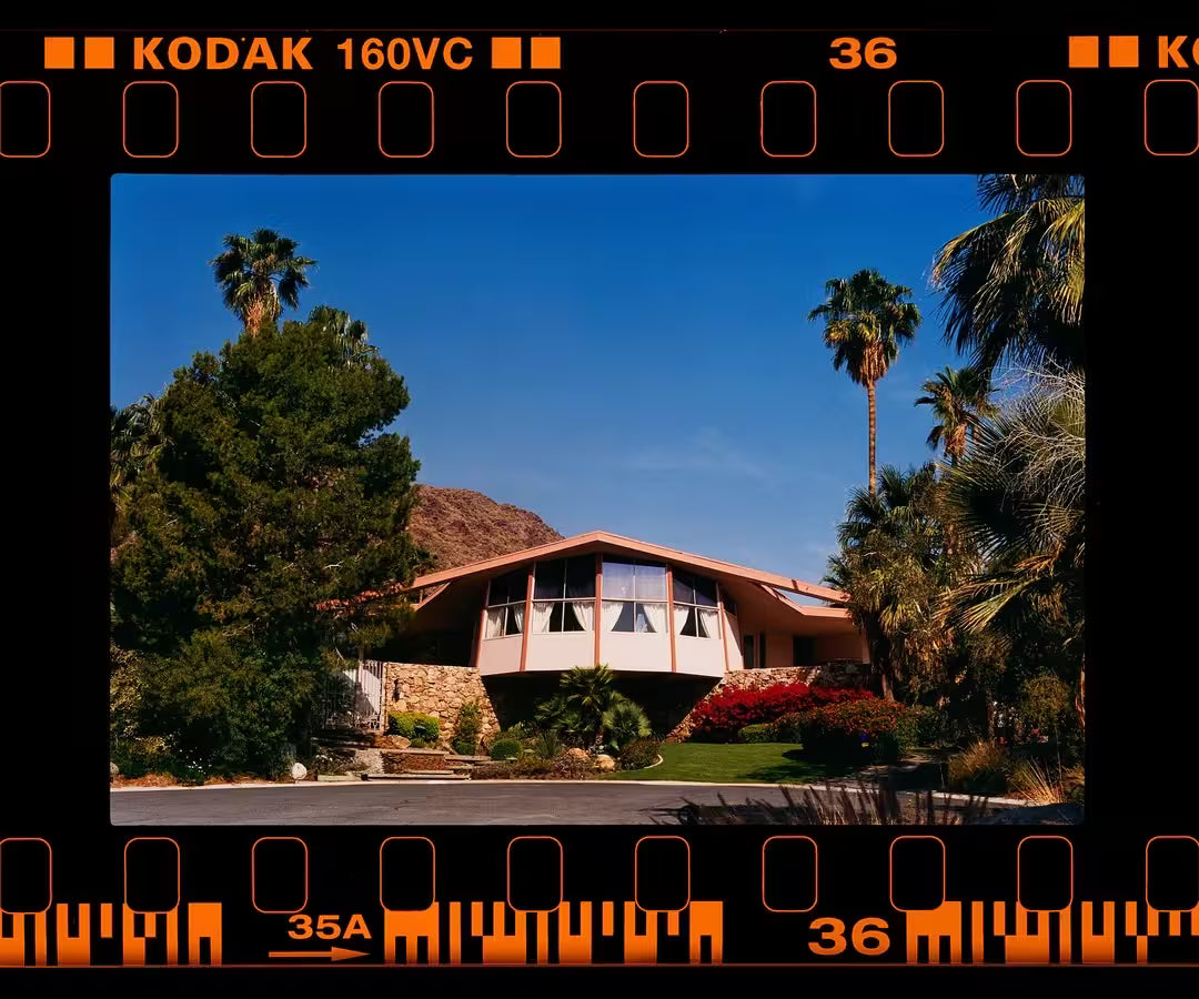 A limited edition photograph by Richard Heeps using vibrant colours, the title is On the Road Honeymoon Hideaway, Palm Springs, California, 2000