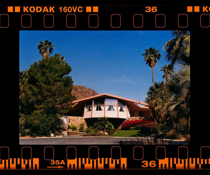 A limited edition photograph by Richard Heeps using vibrant colours, the title is On the Road Honeymoon Hideaway, Palm Springs, California, 2000