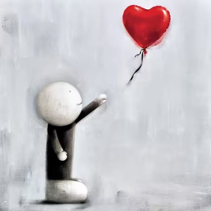 A Doug Hyde limited edition of a person in grey letting go of a heart shaped balloon, the title is Hope Love and Freedom