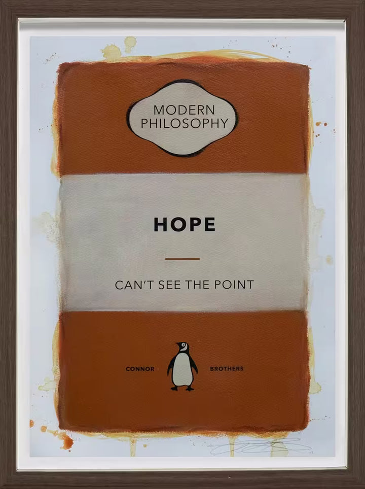 A limited edition framed print by The Connor Brothers of a penguin book cover with a witty line across the front, the title is Hope (Orange)