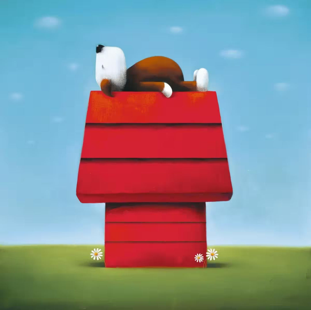 A Doug Hyde limited edition print of a brown and white dog laying on it's back on top of a red dog house surrounded by some flowers, the title is House Sitting