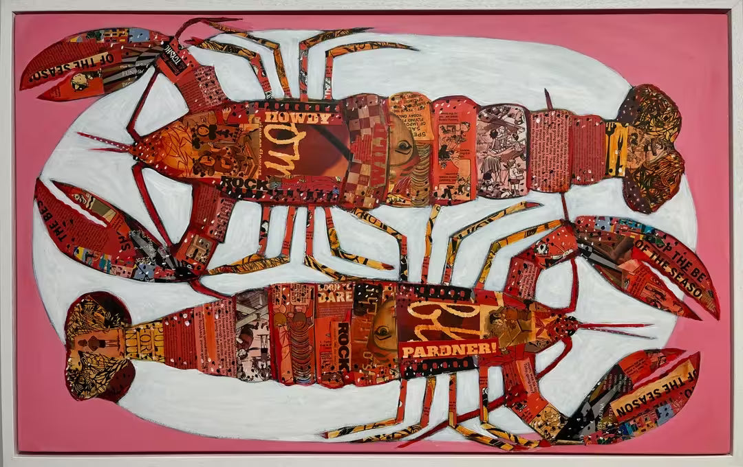A Nicola Hart original mixed media piece of two red lobsters on a pink background, the title is Howdy Partner