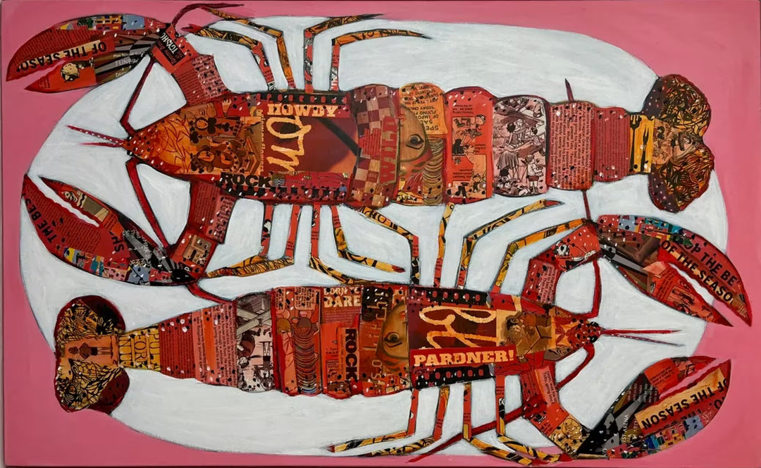 A Nicola Hart original mixed media piece of two red lobsters on a pink background, the title is Howdy Partner