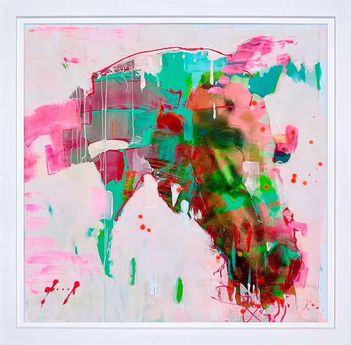 A framed limited edition piece by Christian Hook of a horse head distorted by colour, the title is Hybrid II