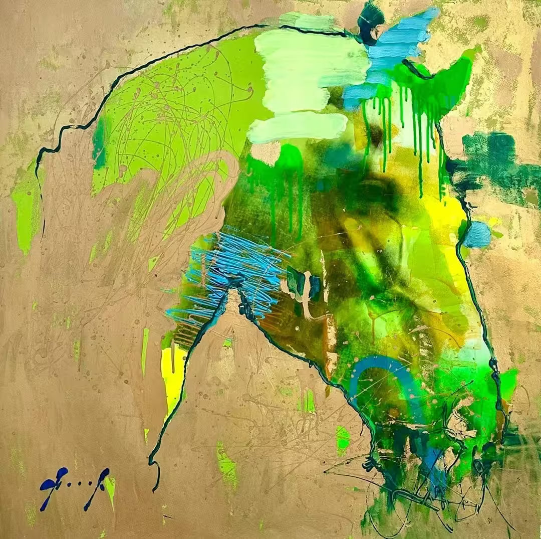 A limited edition piece by Christian Hook of a horse head distorted by colour, the title is Hybrid III
