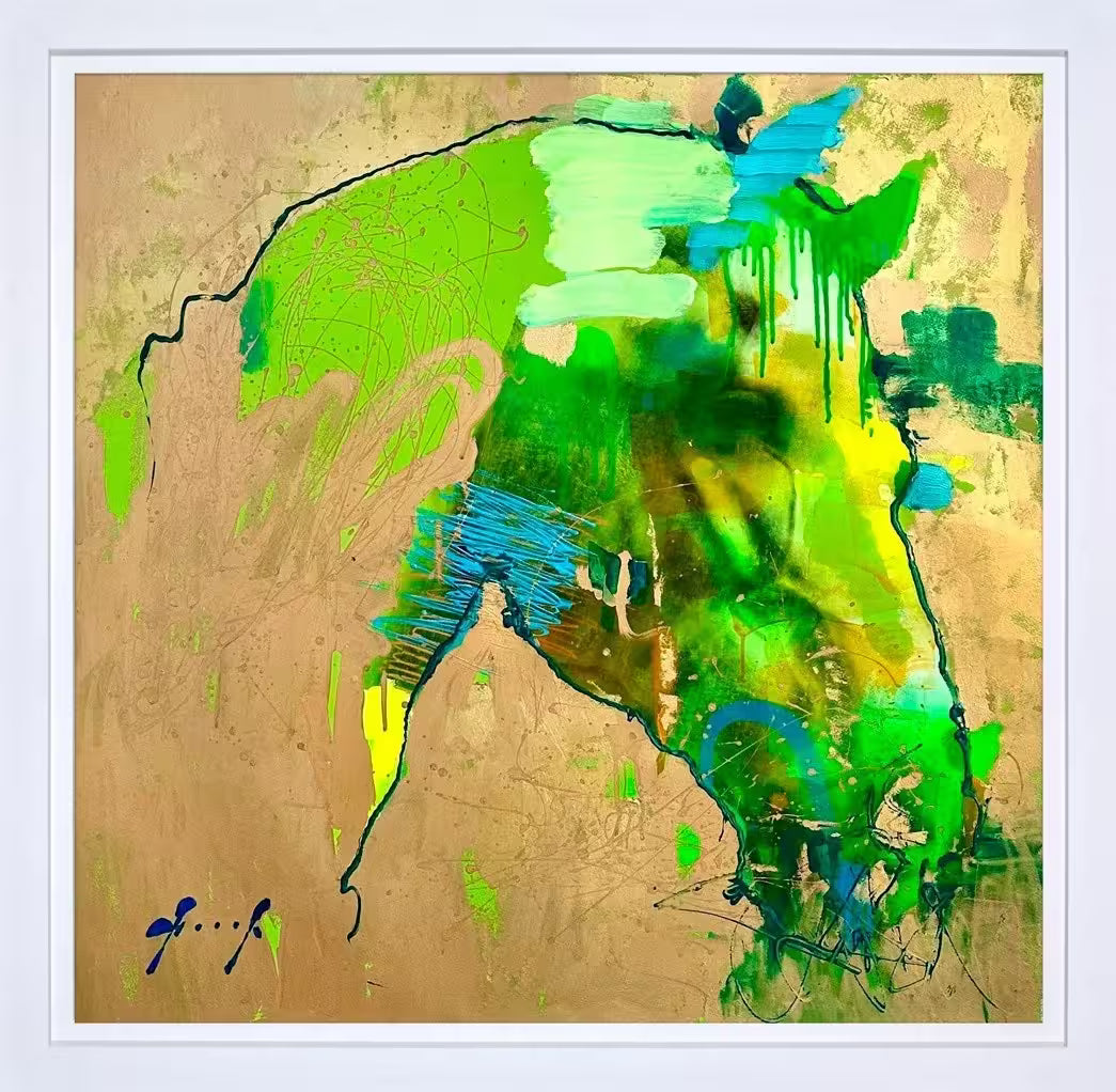 A framed limited edition piece by Christian Hook of a horse head distorted by colour, the title is Hybrid III