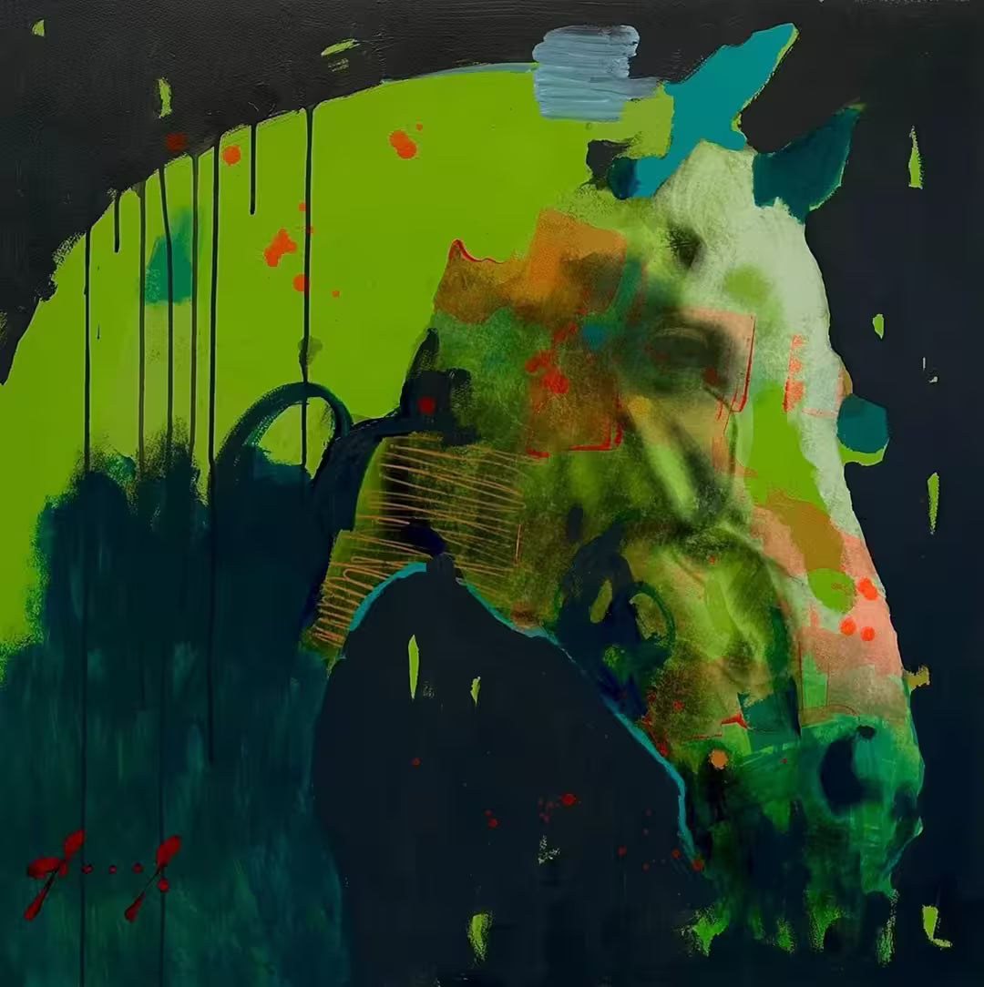 A limited edition piece by Christian Hook of a horse head distorted by colour, the title is Hybrid V