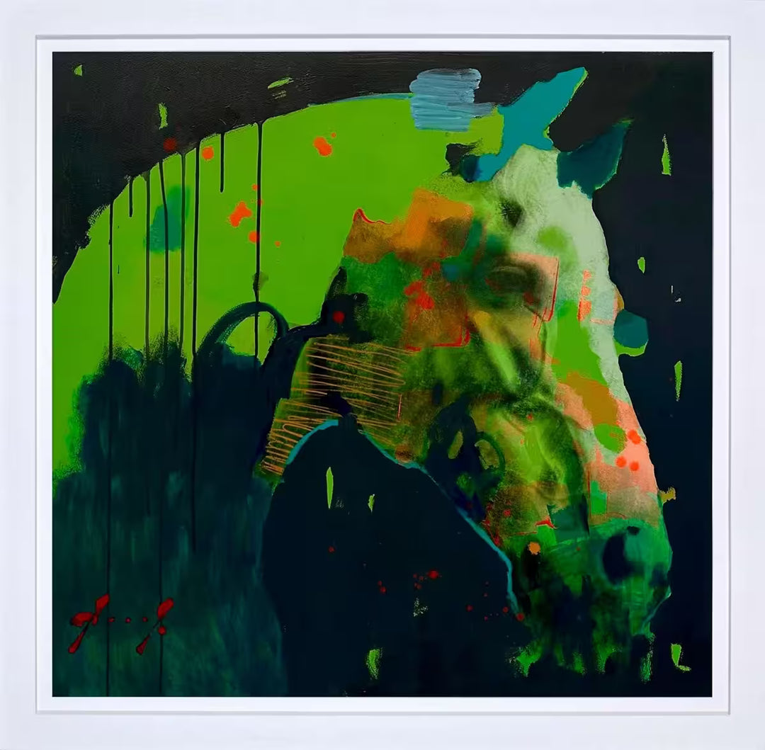 A framed limited edition piece by Christian Hook of a horse head distorted by colour, the title is Hybrid V