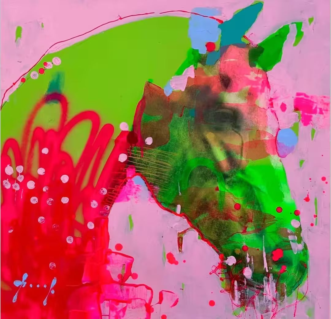 A limited edition piece by Christian Hook of a horse head distorted by colour, the title is Hybrid VII