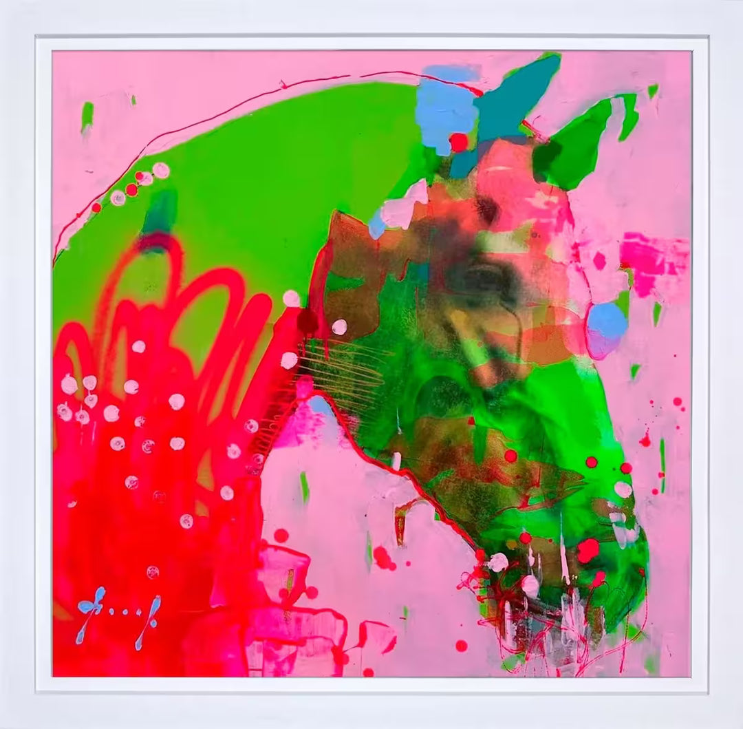 A framed limited edition piece by Christian Hook of a horse head distorted by colour, the title is Hybrid VII