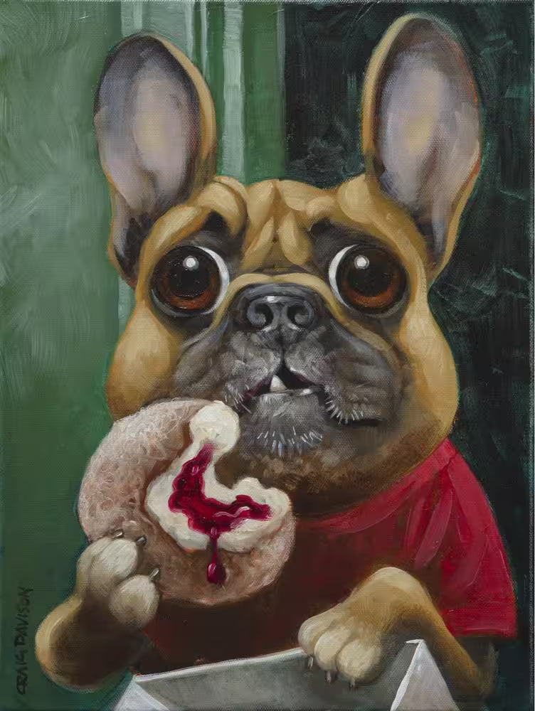 A Craig Davison limited edition of a french bulldog in a red shirt eating a jam donut, the title is I Had To Eat them All, Or They Would Have Gone Bad