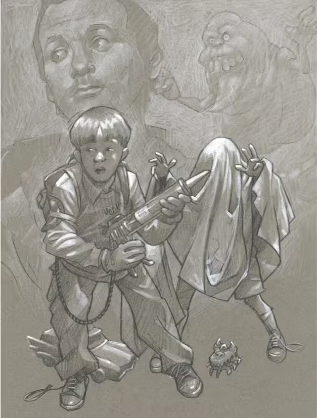 A Craig Davison original sketch of a young boy pretending to ghost hunt and another child behind with a sheet over his hear pretending to be a ghost, the title is I Ain't Afraid of No Ghost