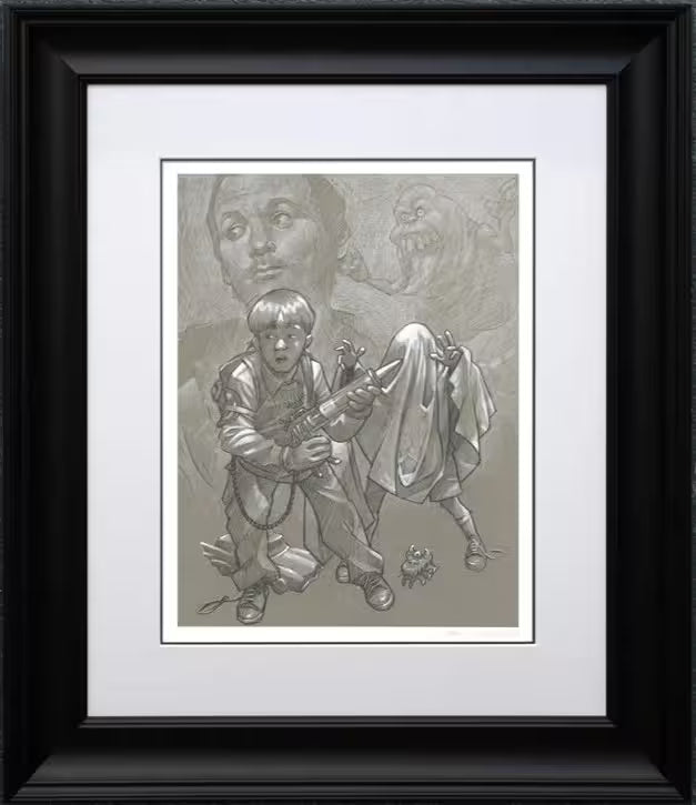 A Craig Davison original sketch of a young boy pretending to ghost hunt and another child behind with a sheet over his hear pretending to be a ghost, the title is I Ain&