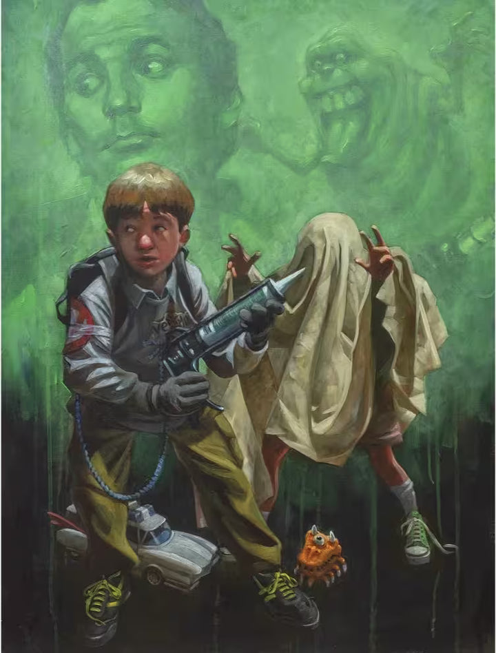 A Craig Davison limited edition of a boy playing pretend and a child with a sheet over their head pretending to be a ghost, the title is I Ain&