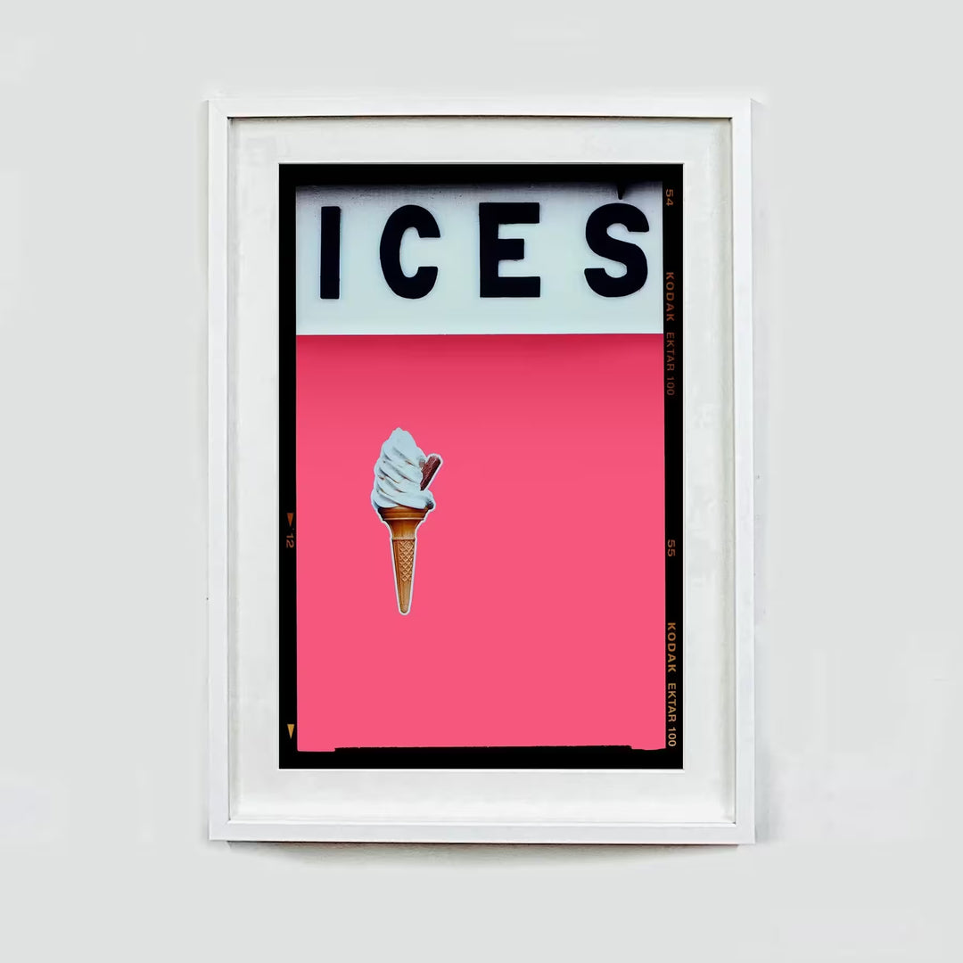 A white framed limited edition photograph by Richard Heeps using vibrant colours, the title is Ices (Pink Lemonade)