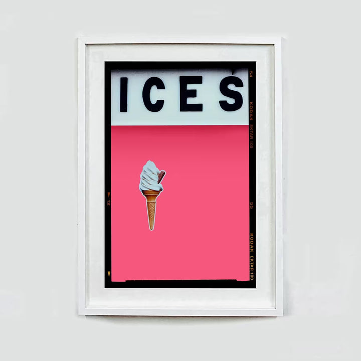 A white framed limited edition photograph by Richard Heeps using vibrant colours, the title is Ices (Pink Lemonade)