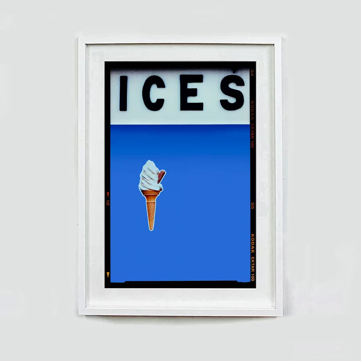 A white framed limited edition photograph by Richard Heeps using vibrant colours, the title is Ices (Cornflower Blue)