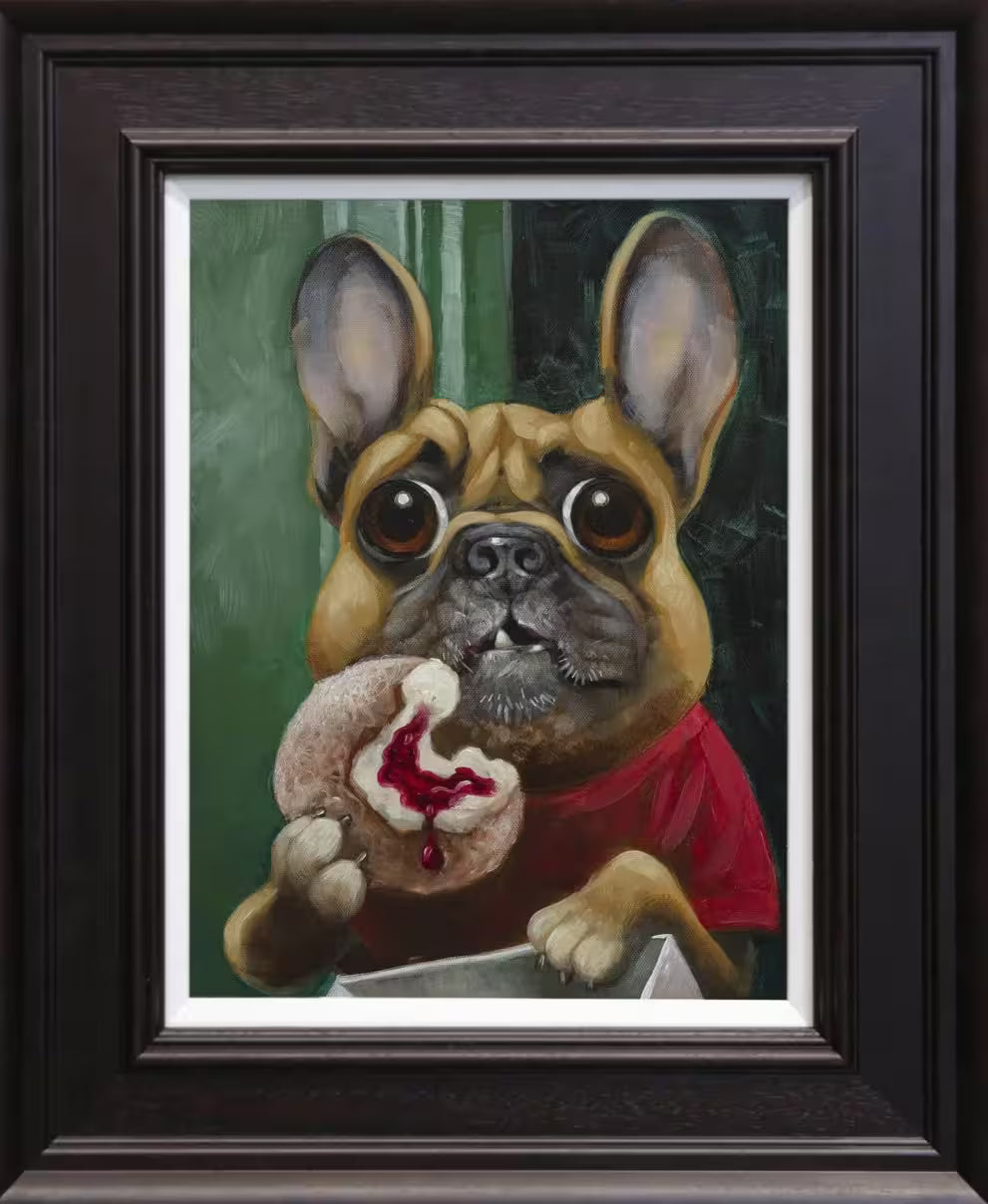 A Craig Davison limited edition of a french bulldog in a red shirt eating a jam donut, the title is I Had To Eat them All, Or They Would Have Gone Bad
