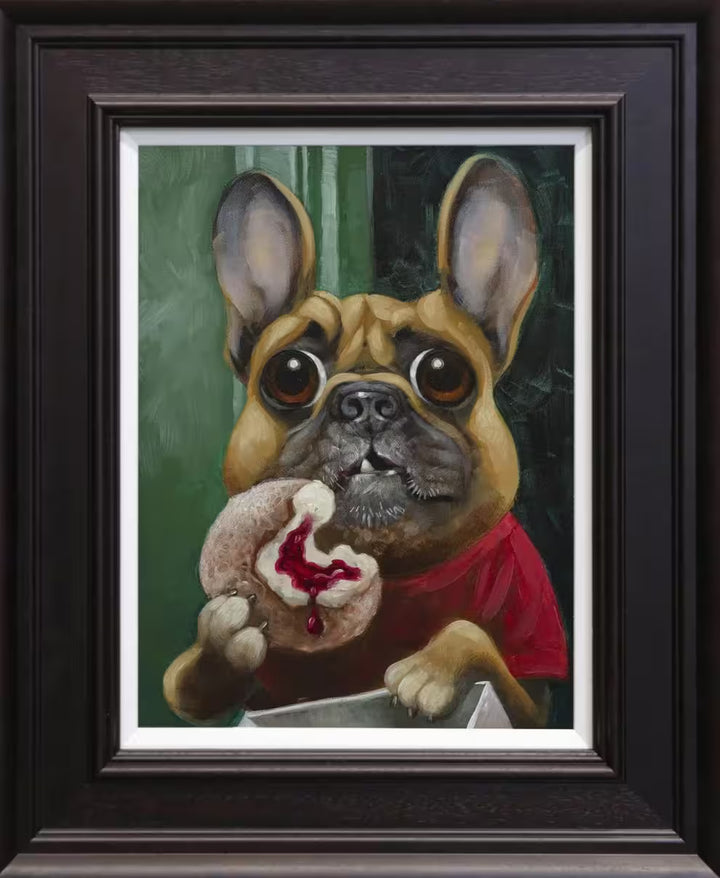 A Craig Davison limited edition of a french bulldog in a red shirt eating a jam donut, the title is I Had To Eat them All, Or They Would Have Gone Bad