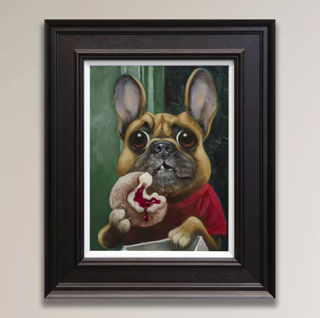 A Craig Davison limited edition of a french bulldog in a red shirt eating a jam donut, the title is I Had To Eat them All, Or They Would Have Gone Bad