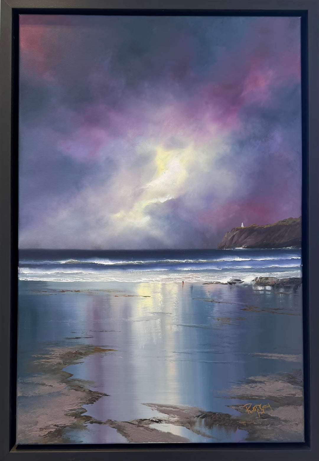 A Philip Gray framed Original of a shoreline with a deep twilight purple sky, the title is Purple Sky At The Beach