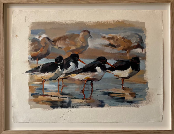 A framed Debbie Boon study the title is Oyster Catchers and Gulls Study