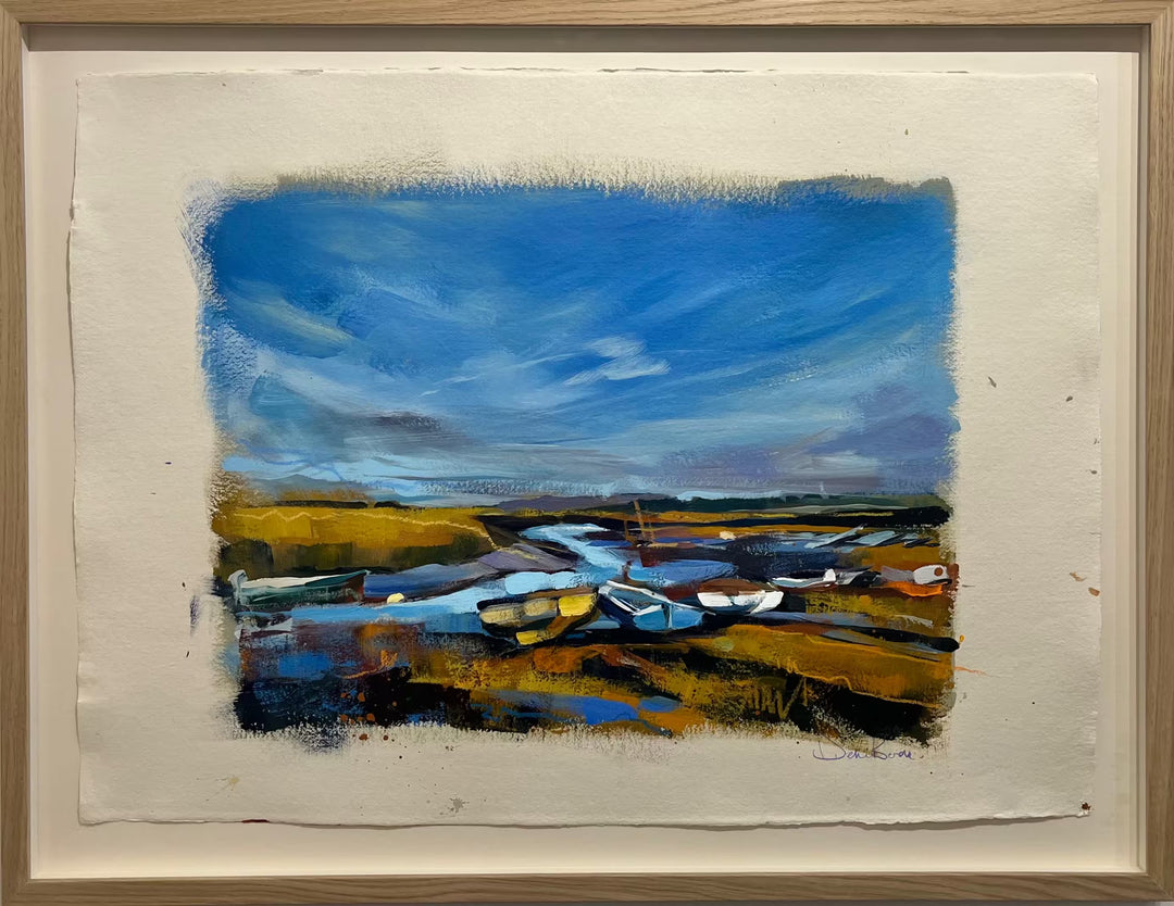 A framed Debbie Boon original sketch of a seascape the title is Boats Low Tide Morston