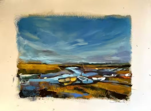 A Debbie Boon original sketch of a seascape the title is Boats Low Tide Morston