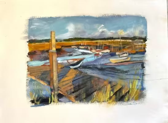 A Debbie Boon sketch of a seascape the title is Jetty and Boats Morston Sketch