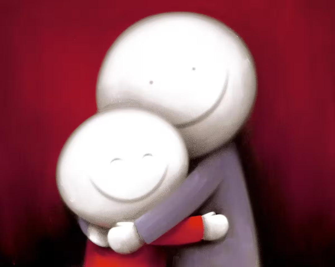 A Doug Hyde limited edition of a person in purple hugging a smaller person in red, the title is I Missed You