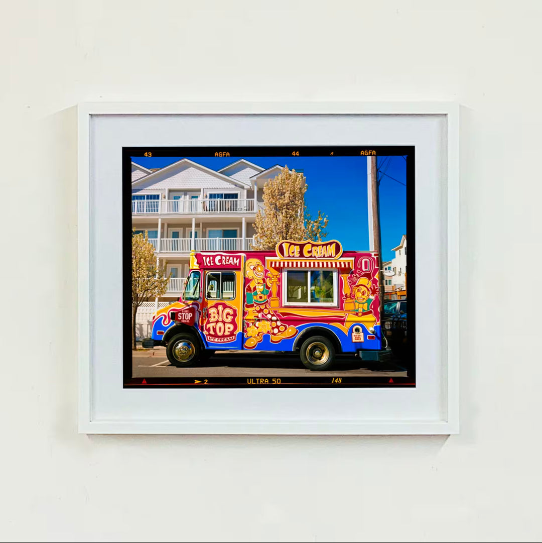 A Richard Heeps white framed limited edition photographic print, the title is Ice Cream Truck, Wildwood, New Jersey, 2013