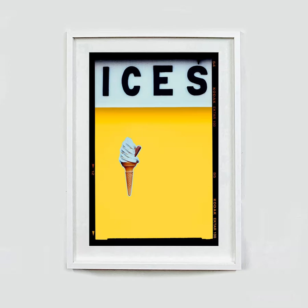 A white framed limited edition photograph by Richard Heeps using vibrant colours, the title is Ices (Honey Yellow)