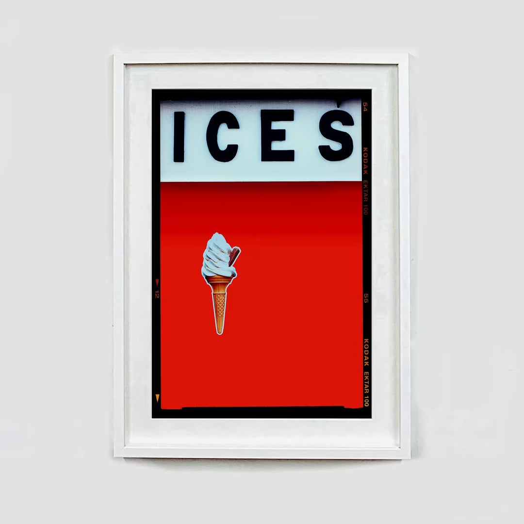 A white framed limited edition photograph by Richard Heeps using vibrant colours, the title is Ices (Red)