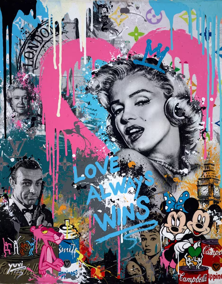 A Yuvi original collage of pop iconography, the title is Icons- Love Always Wins