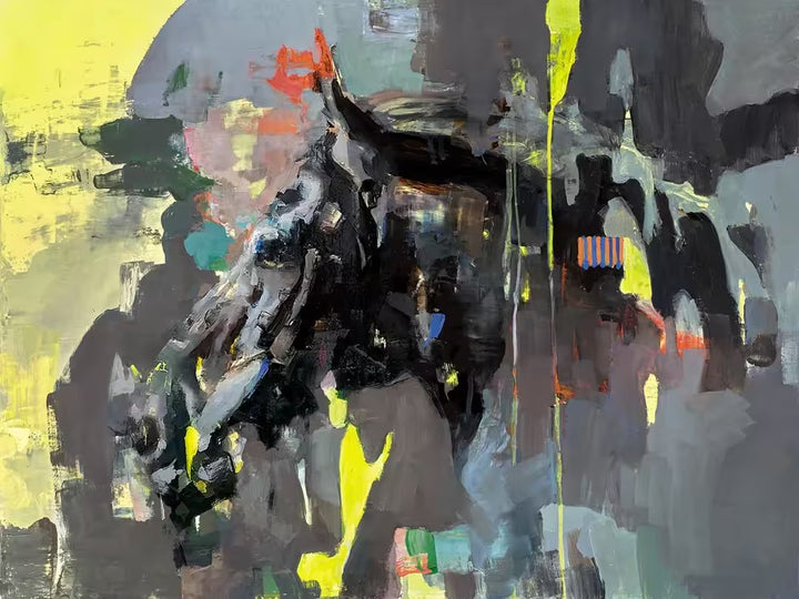 A limited edition piece by Christian Hook of a black horse head with neon colours distorting and surrounding it, the title is Imagine