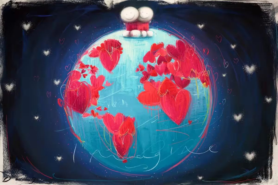 A Doug Hyde Original Pastel of two people in red hugging on top of the world covered in hearts the with the word 'Imagine' written in white, the title is Imagine