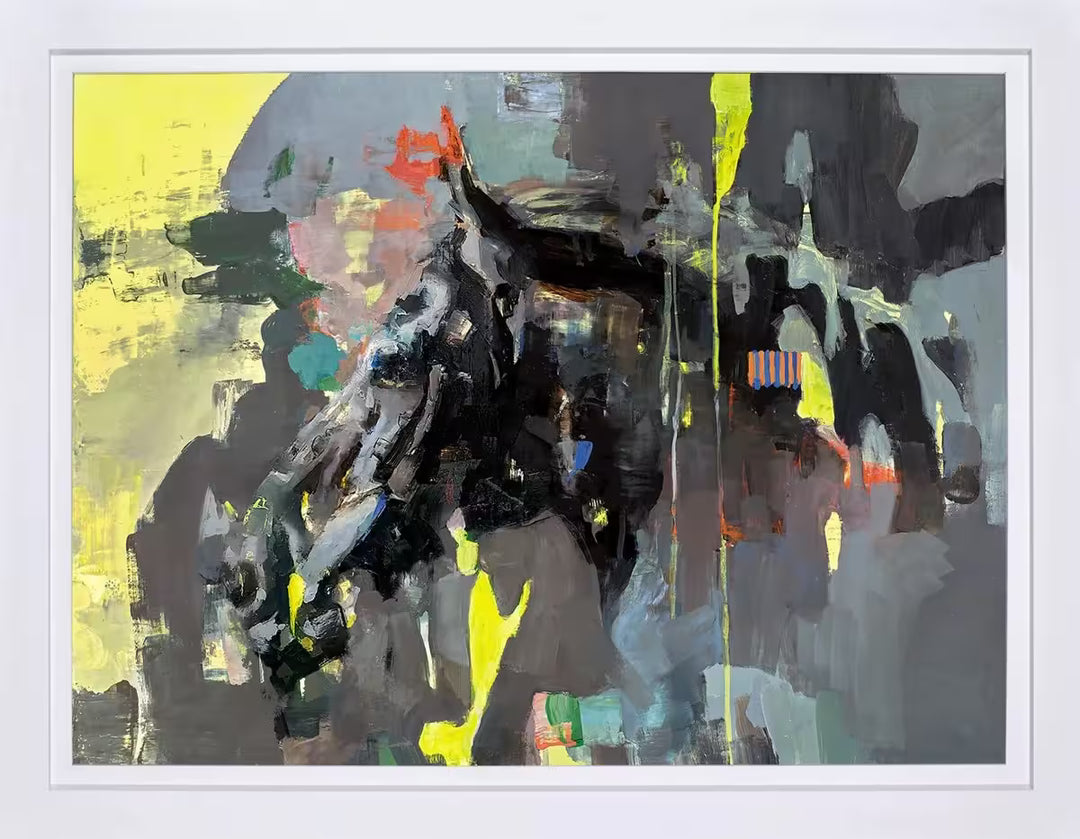 A framed limited edition piece by Christian Hook of a black horse head with neon colours distorting and surrounding it, the title is Imagine