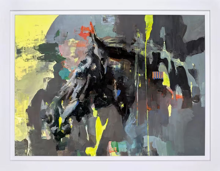 A framed limited edition piece by Christian Hook of a black horse head with neon colours distorting and surrounding it, the title is Imagine