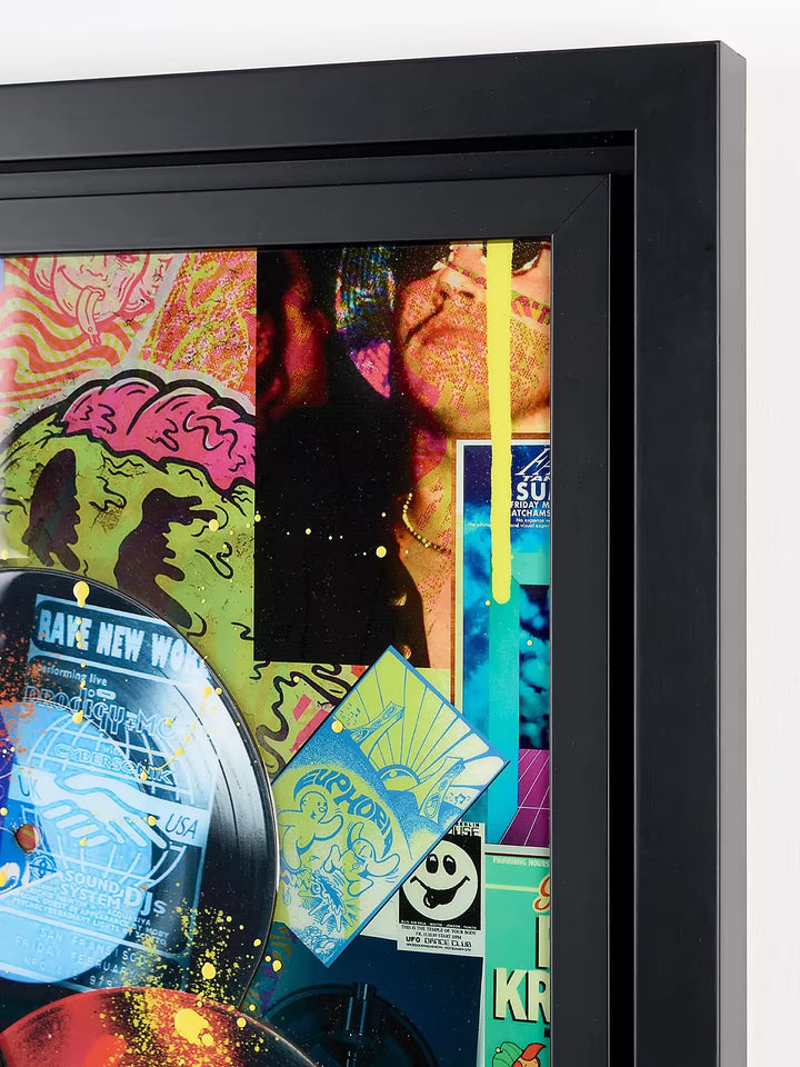 A limited edition mixed media piece by Dan Pearce of lots of differrent vinyl records with spraypaint and designs all over them, the title is In The Mix