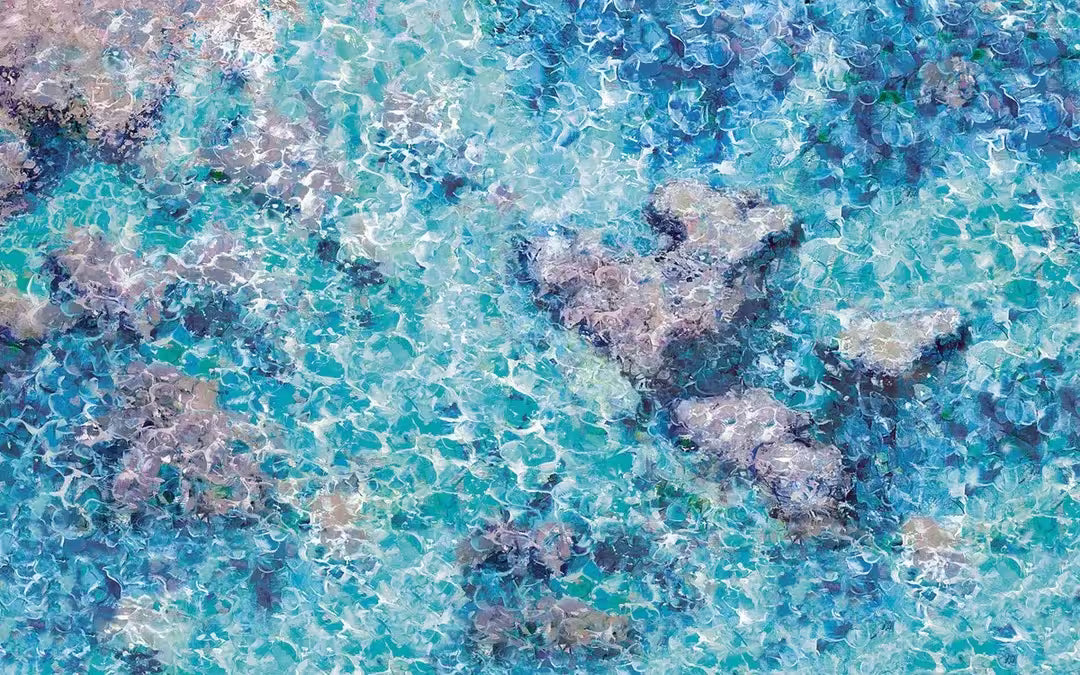 An Antonio Sannino limited edition piece of clear water rippling over some rocks, the title is Infinite Blue