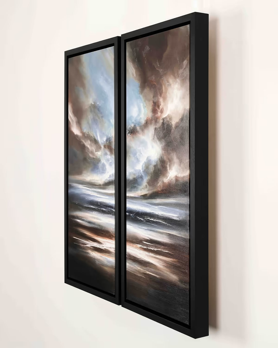 Into the Horizon I & II by Simon Kenny framed on a white wall viewed from an angle