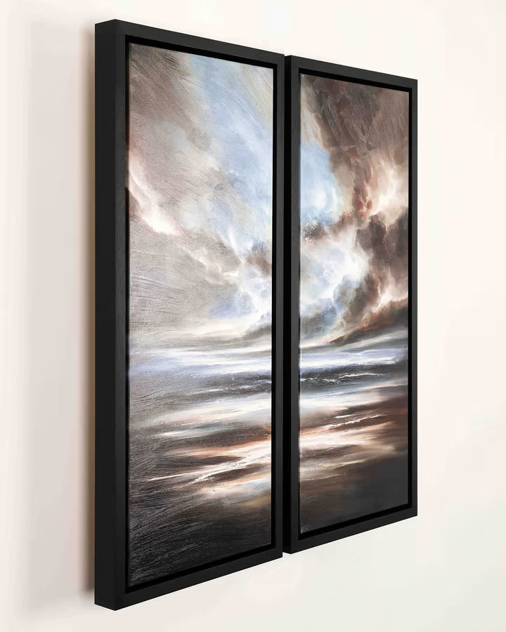 Into the Horizon I & II by Simon Kenny framed on a white wall viewed from an angle