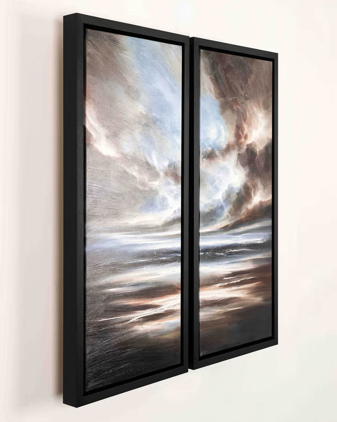 Into the Horizon I & II by Simon Kenny framed on a white wall viewed from an angle