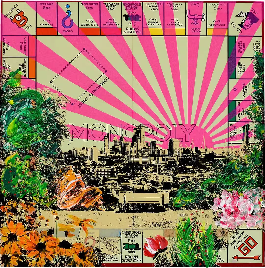 A Jayson Lilley limited edition screen print of a London Monopoly Board with screen print over the top, the title is It's Our Turn