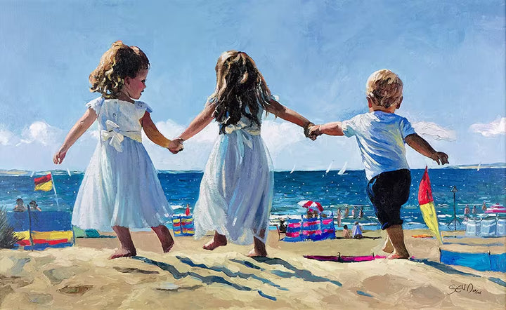 A Sherree Valentine Daines limited edition of three children holding hands walking across a beach, the title Joyful Summers Day